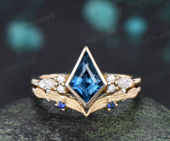 Kite cut London blue topaz engagement ring bezel setting seven stone ring leaf sapphire matching band bridal set