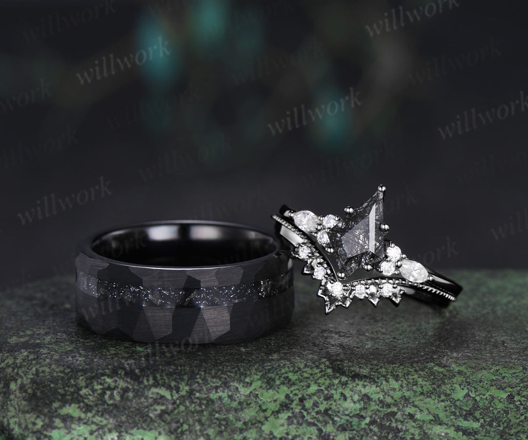 Kite Cut Black Rutilated Quartz Engagement Ring Set & Black Tungsten Hammered Mens Ring His & Her Couple Rings