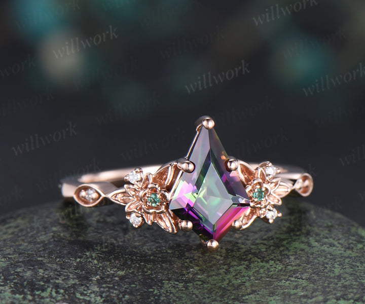 Kite cut rainbow topaz floral ring emerald moissanite diamond engagement ring magical topaz proposal ring crystal jewelry