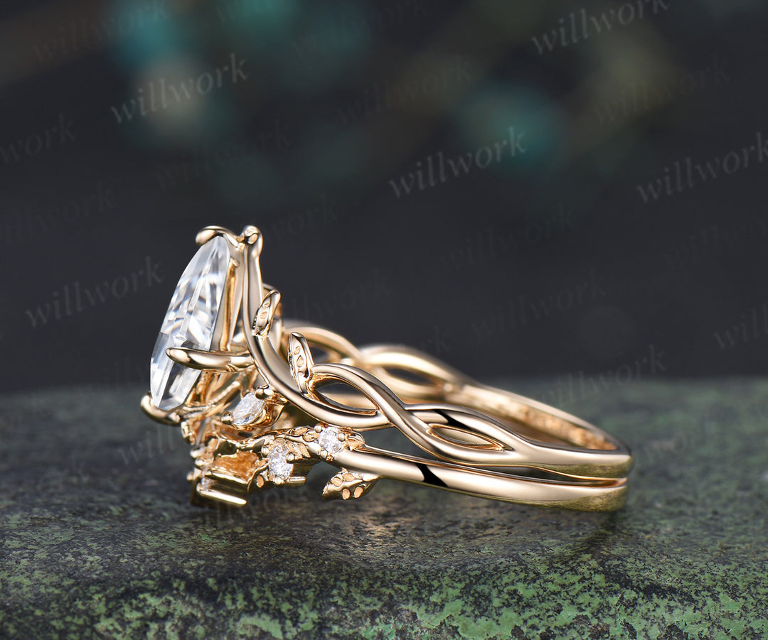 Kite cut IGI lab grown diamond infinity engagement ring set leaf twig ring Celtic Knot band promise wedding bridal set