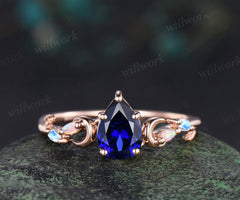 6x9mm pear cut blue sapphire engagement ring unique art deco moon leaf marquise opal moonstone promise ring jewelry gifts for women