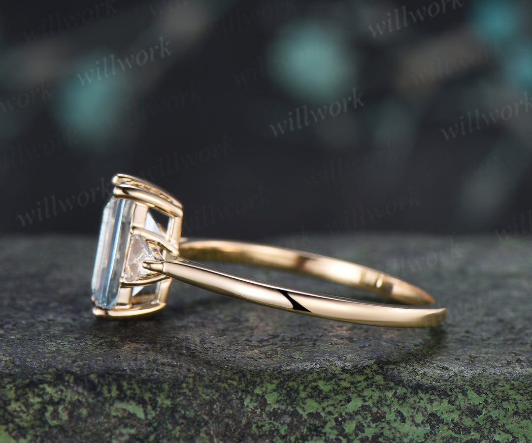 Emerald Cut Aquamarine Engagement Ring Minimalist 6 Prong Three Stone Trilliant Cut Moissanite Ring March Birthstone Jewelry Gifts