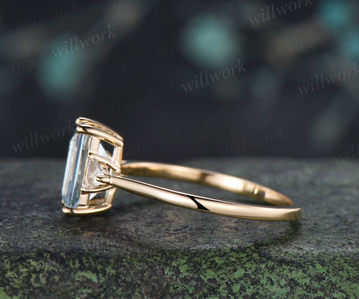 Emerald Cut Aquamarine Engagement Ring Minimalist 6 Prong Three Stone Trilliant Cut Moissanite Ring March Birthstone Jewelry Gifts
