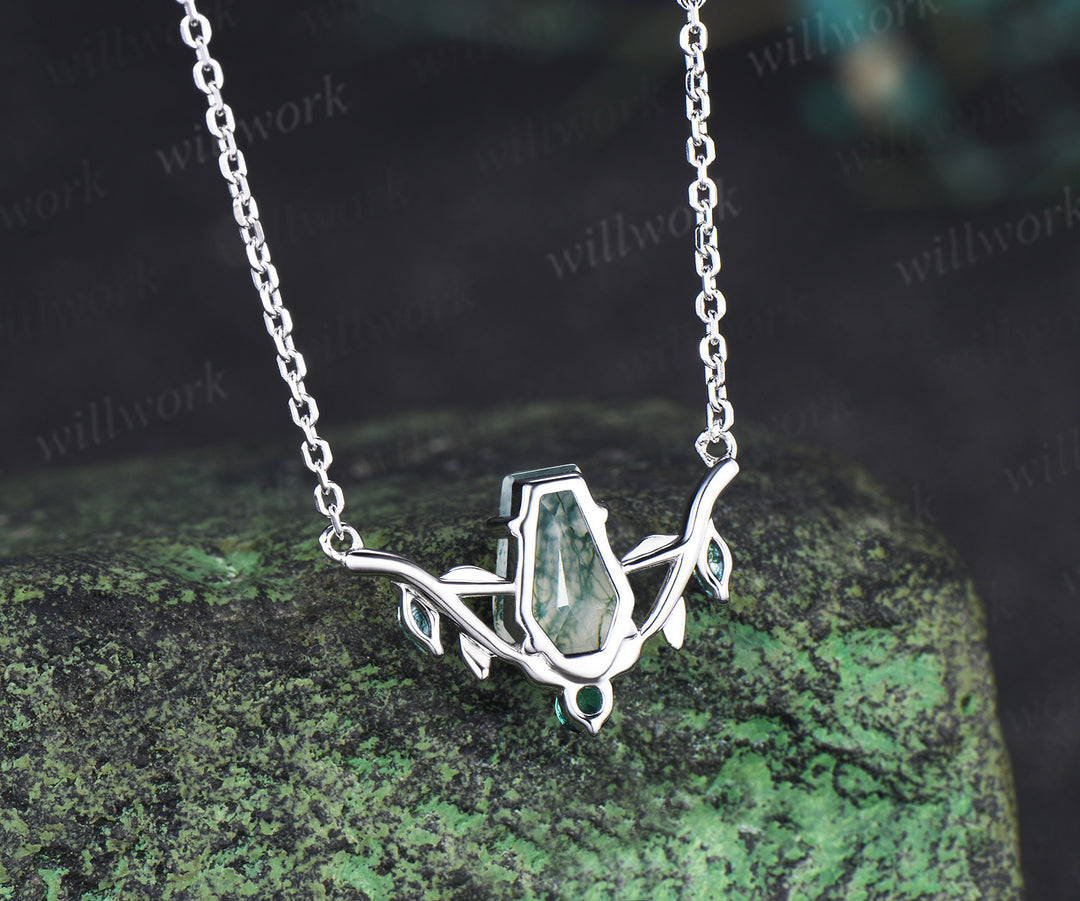 Unique coffin shaped natural moss agate necklace leaf twig nature inspired marquise moss agate emerald pendant necklace gifts