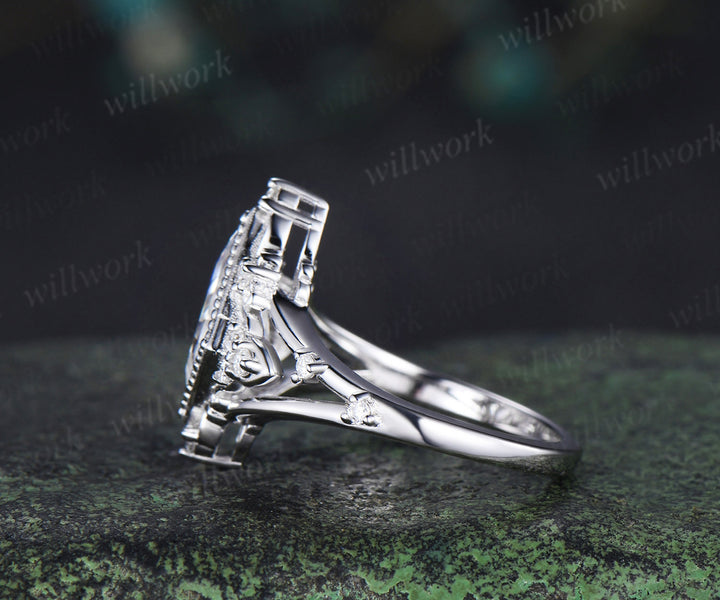 Kite cut moissanite engagement ring retro milgrain moissanite cluster ring unique spilt shank wedding ring