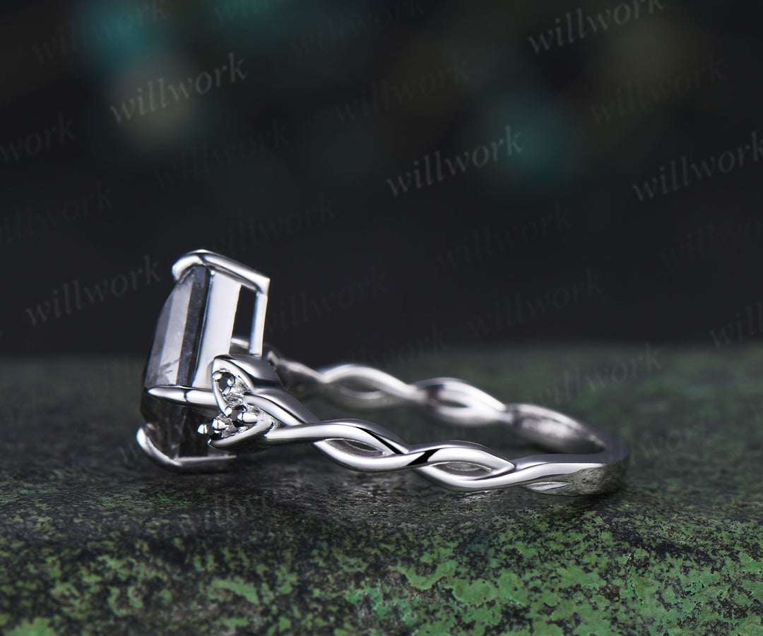 Kite cut salt and pepper diamond engagement ring celtic knot black diamonds twisted wedding ring unique promise ring