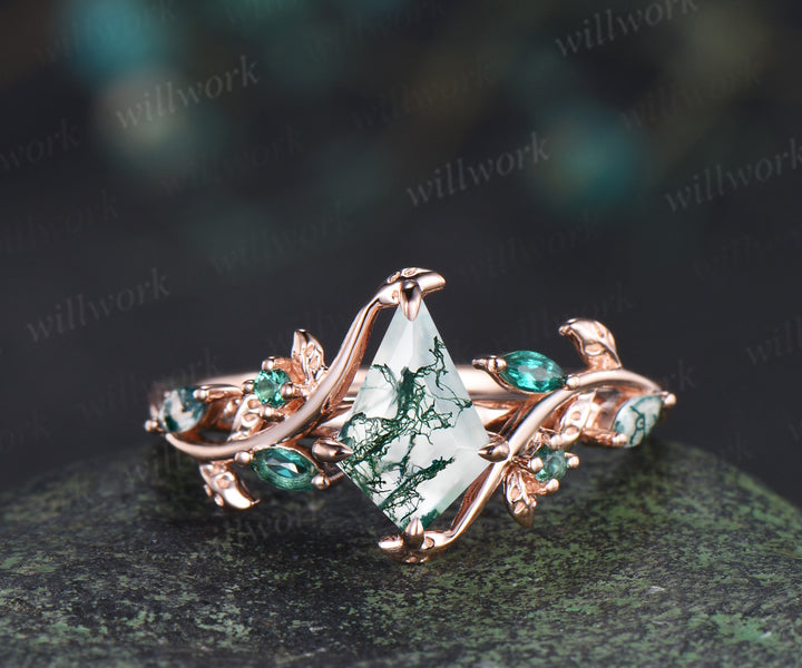 Vintage kite cut moss agate engagement ring set leaf marquise emerald moss agate ring wedding band nature inspired bridal set