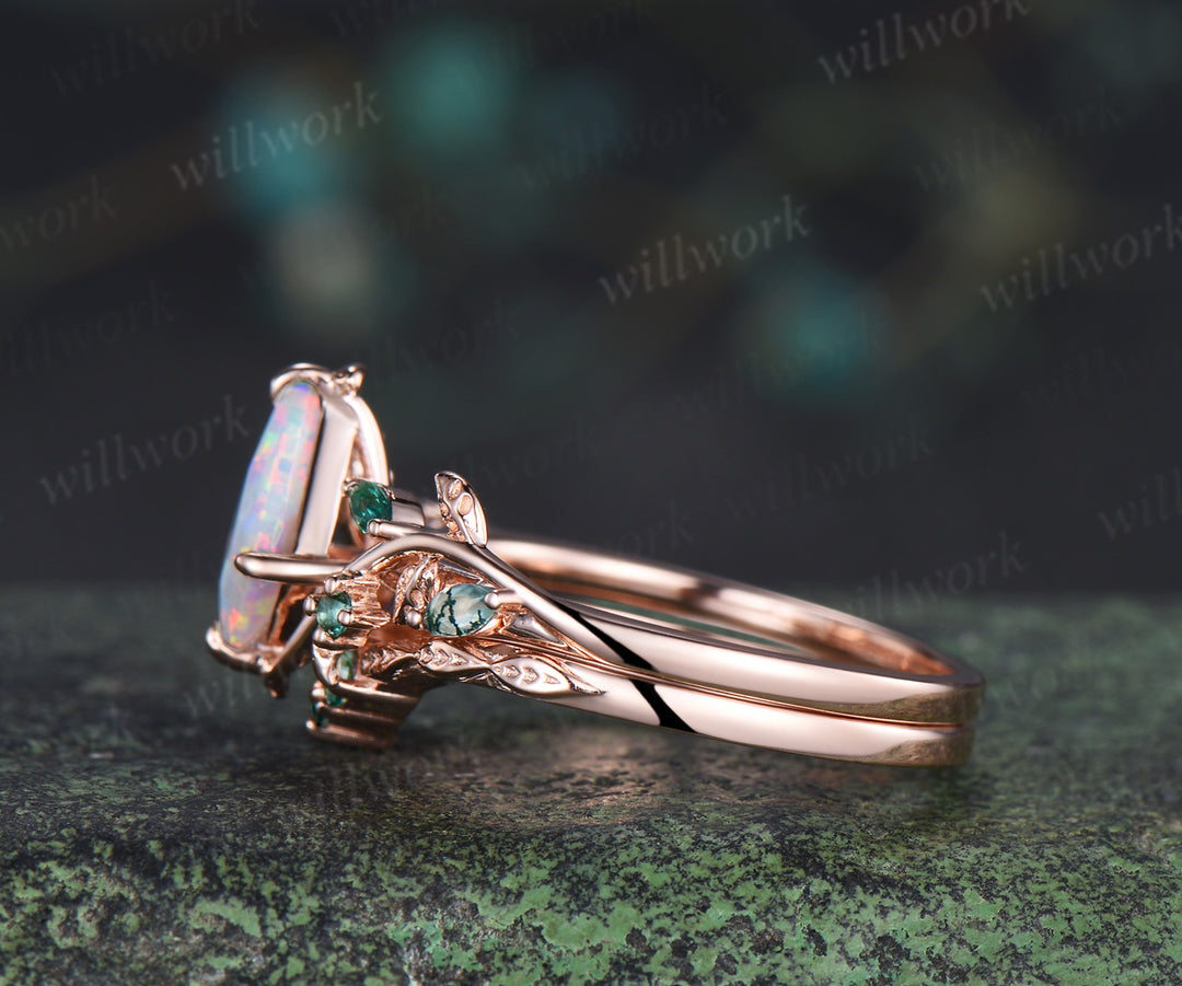 Vintage kite cut opal engagement ring set leaf twig emerald moss agate ring matching wedding band unique bridal set
