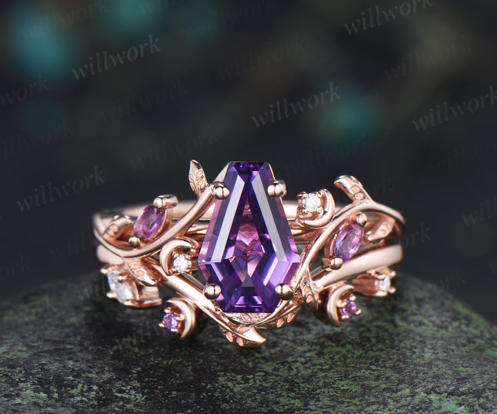 Coffin purple amethyst ring set marquise amethyst moissanite moon ring leaf band nature inspired bridal set