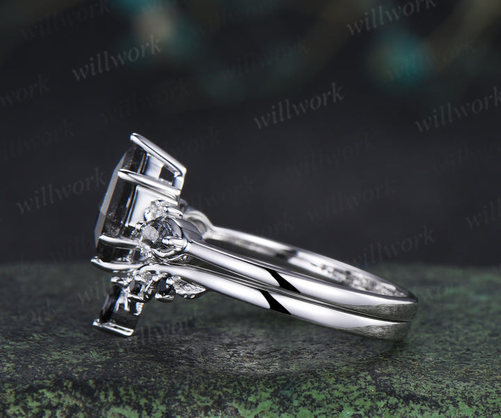 Kite cut salt and pepper diamond engagement ring set marquise black rutilated quartz seven stone ring black spinels wedding band unique bridal set