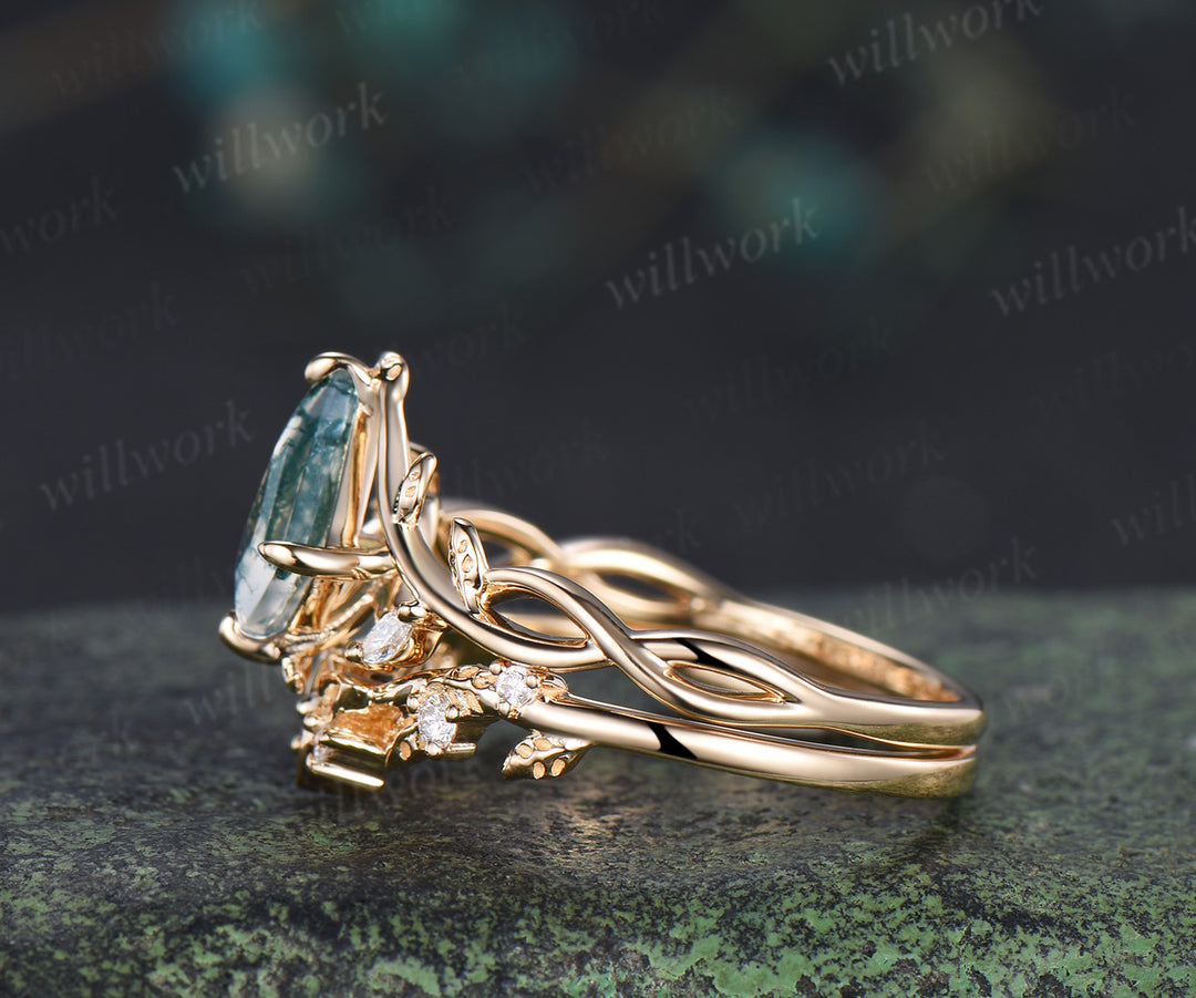 Kite cut natural moss agate infinity engagement ring set split shank moissanite leaf ring celtic knot wedding band bridal set