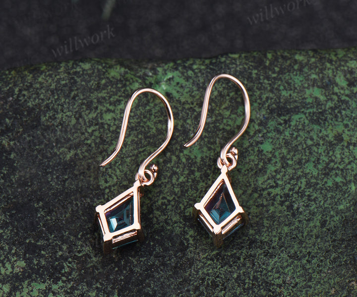 Kite cut alexandrite drop earrings solitaire minimalist earring hooks June birthstone jewelry gifts
