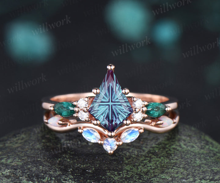 Kite Fantasy Cut Alexandrite Engagement Ring Marquise Emerald Ring  Moonstone Opal Band Unique Seven Stone Bridal Set