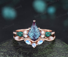 Kite Fantasy Cut Alexandrite Engagement Ring Marquise Emerald Ring  Moonstone Opal Band Unique Seven Stone Bridal Set