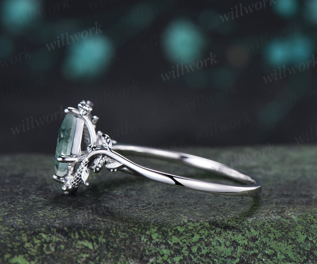 Kite Cut Moss Agate Snake Ring Marquise Diamond Leaf Vine Nature Inspired Ring