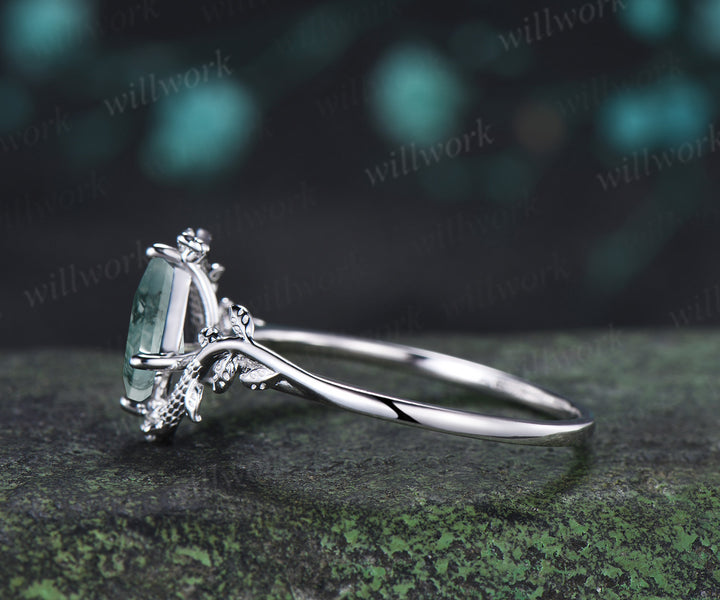 Kite Cut Moss Agate Snake Ring Marquise Diamond Leaf Vine Nature Inspired Ring