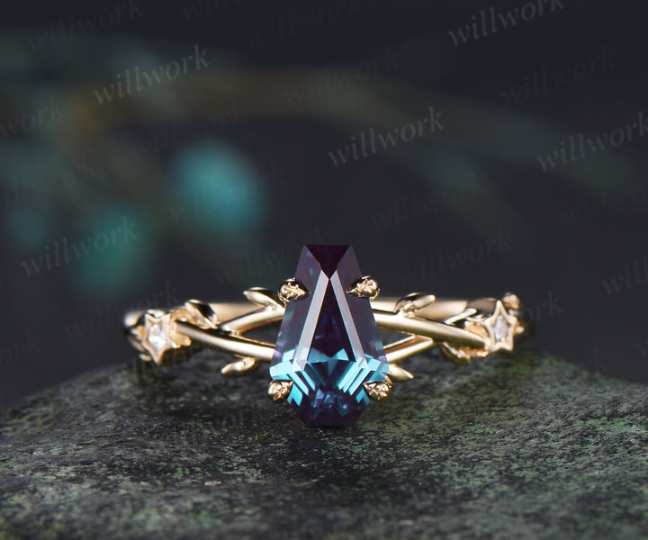 Coffin cut alexandrite engagement ring leaf infinity star accent diamond ring vine branch anniversary ring
