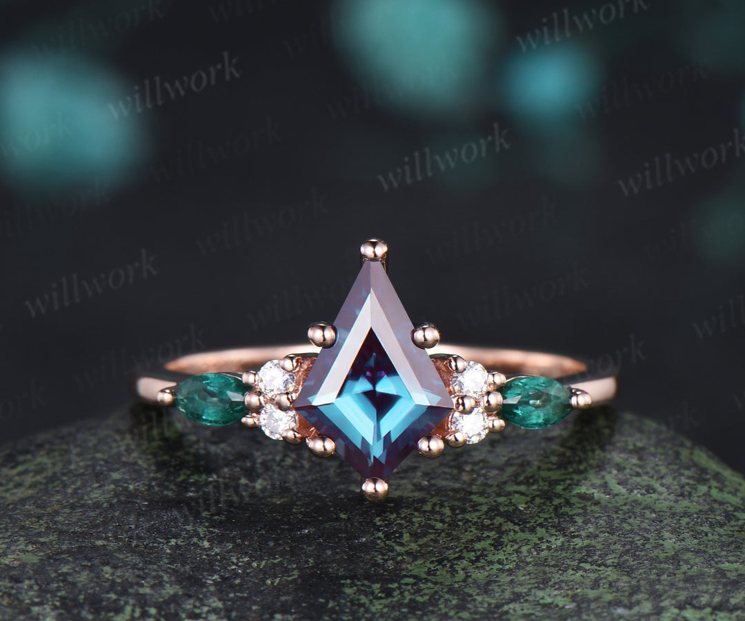 Kite cut Alexandrite engagement ring marquise cut emerald ring moostone opal wave wedding band unique wedding ring set