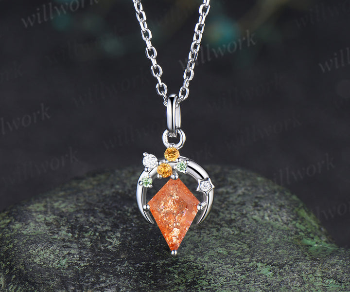 Kite cut sunstone necklace unique moon star citrine peridot accent pendant necklace for women