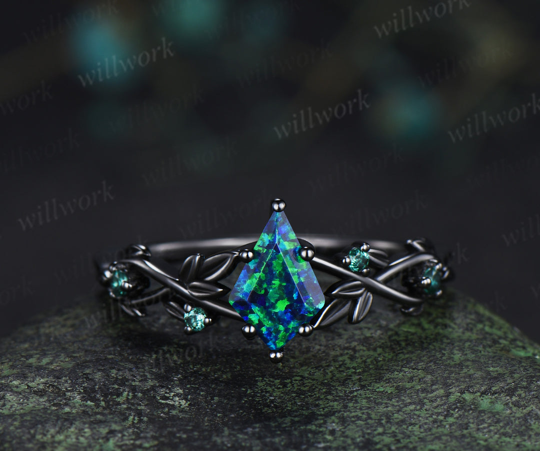 Kite Cut Black Opal Twig Leaf Ring & Tungsten Black Opal Inlay Hammered Mens Ring His & Her Couple Rings