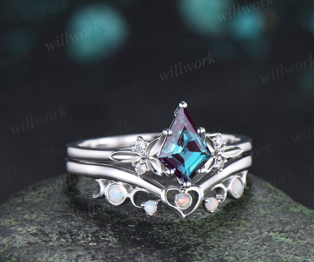 Kite Cut Alexandrite Moon Heart Nature Inspired Bridal Ring Set & Baguette Alexandrite Half Eternity Men Wedding Ring Couple Ring Set