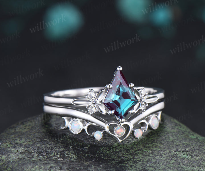 Kite Cut Alexandrite Moon Heart Nature Inspired Bridal Ring Set & Baguette Alexandrite Half Eternity Men Wedding Ring Couple Ring Set