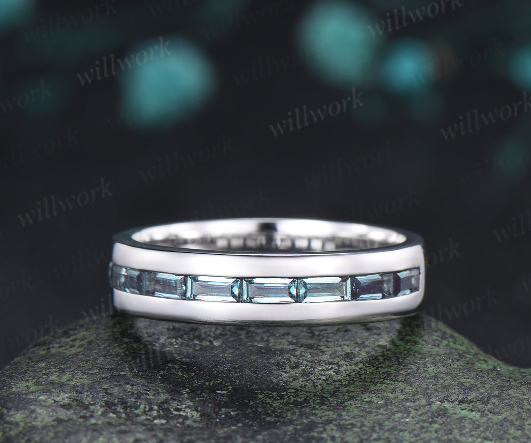 Kite Cut Alexandrite Moon Heart Nature Inspired Bridal Ring Set & Baguette Alexandrite Half Eternity Men Wedding Ring Couple Ring Set