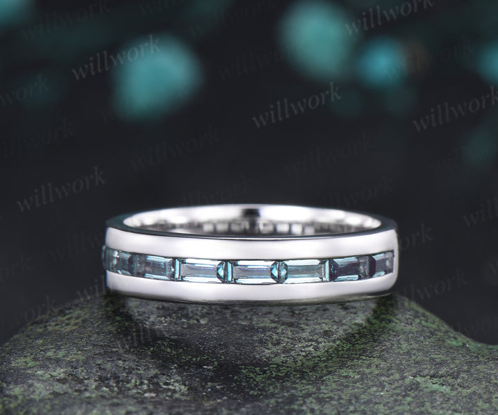 Kite Cut Alexandrite Moon Heart Nature Inspired Bridal Ring Set & Baguette Alexandrite Half Eternity Men Wedding Ring Couple Ring Set