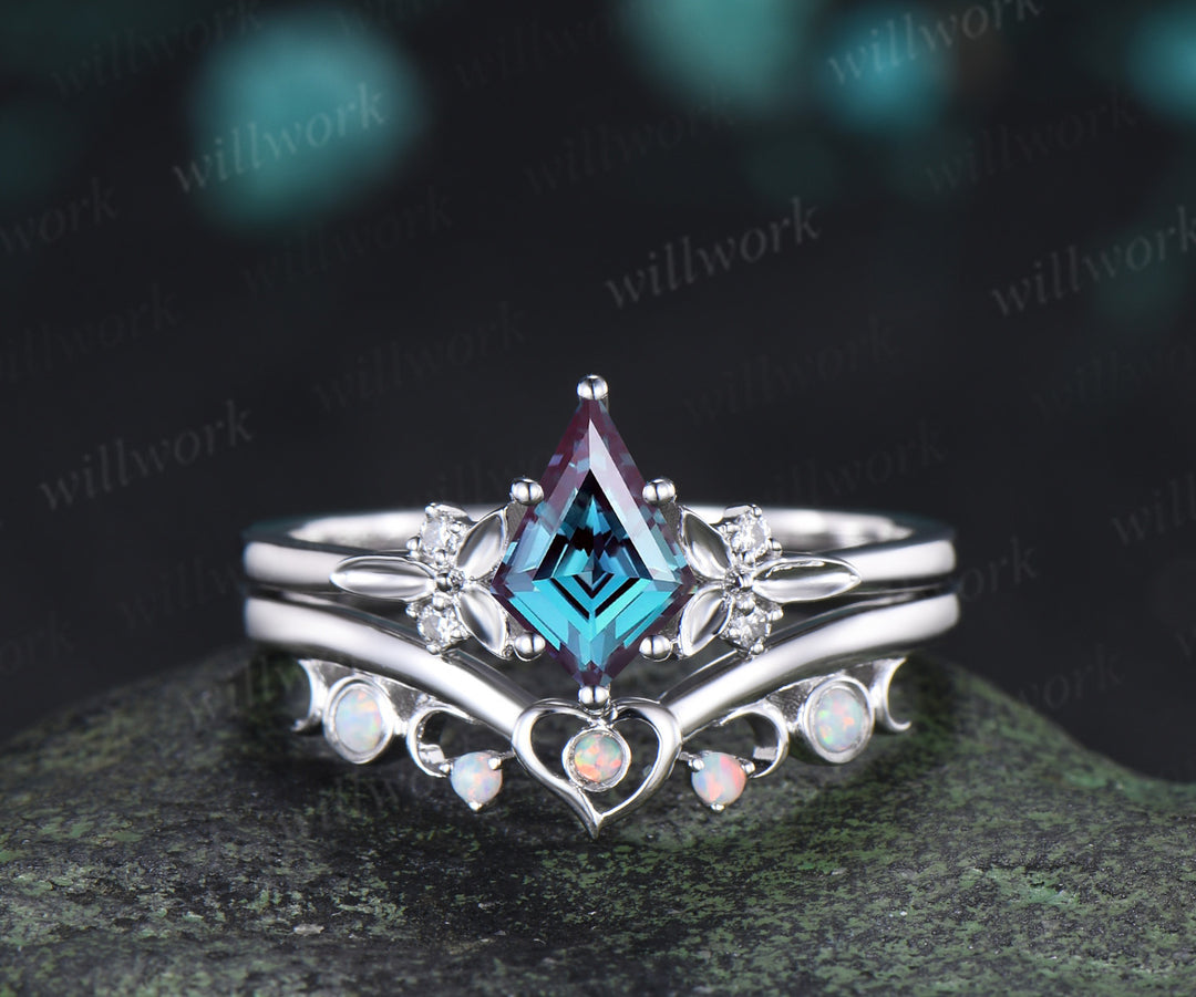 Kite Cut Alexandrite Moon Heart Nature Inspired Bridal Ring Set & Baguette Alexandrite Half Eternity Men Wedding Ring Couple Ring Set