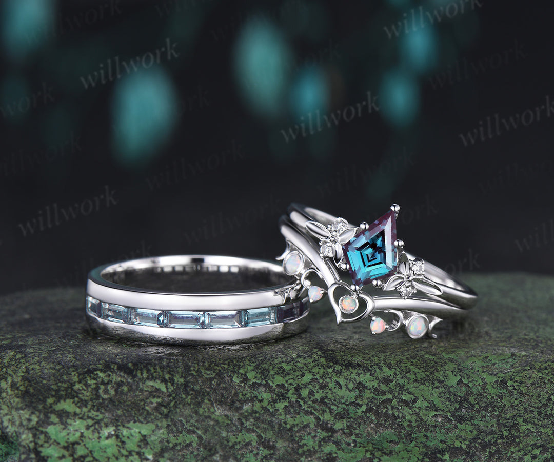 Kite Cut Alexandrite Moon Heart Nature Inspired Bridal Ring Set & Baguette Alexandrite Half Eternity Men Wedding Ring Couple Ring Set
