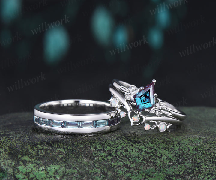 Kite Cut Alexandrite Moon Heart Nature Inspired Bridal Ring Set & Baguette Alexandrite Half Eternity Men Wedding Ring Couple Ring Set
