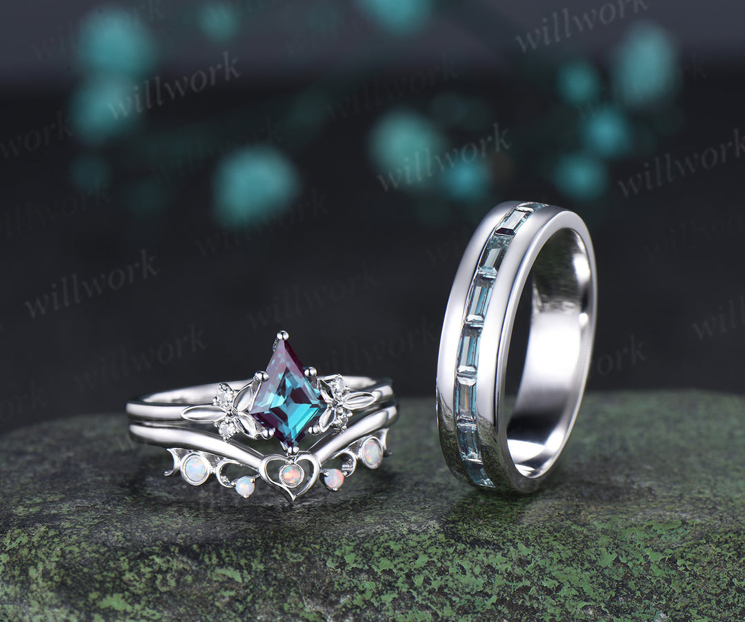Kite Cut Alexandrite Moon Heart Nature Inspired Bridal Ring Set & Baguette Alexandrite Half Eternity Men Wedding Ring Couple Ring Set