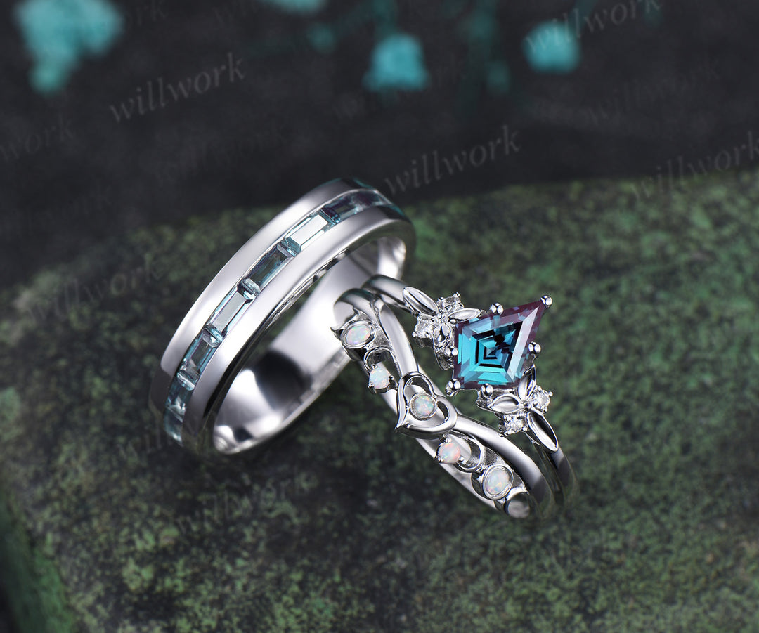 Kite Cut Alexandrite Moon Heart Nature Inspired Bridal Ring Set & Baguette Alexandrite Half Eternity Men Wedding Ring Couple Ring Set