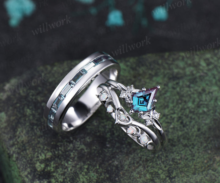 Kite Cut Alexandrite Moon Heart Nature Inspired Bridal Ring Set & Baguette Alexandrite Half Eternity Men Wedding Ring Couple Ring Set