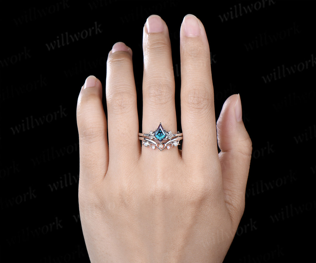 Kite Cut Alexandrite Moon Heart Nature Inspired Bridal Ring Set & Baguette Alexandrite Half Eternity Men Wedding Ring Couple Ring Set