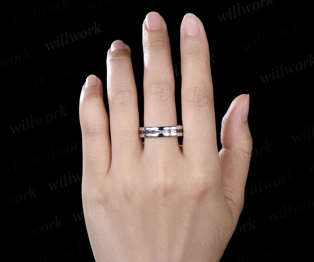 Kite Cut Alexandrite Moon Heart Nature Inspired Bridal Ring Set & Baguette Alexandrite Half Eternity Men Wedding Ring Couple Ring Set