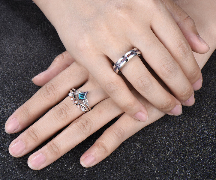 Kite Cut Alexandrite Moon Heart Nature Inspired Bridal Ring Set & Baguette Alexandrite Half Eternity Men Wedding Ring Couple Ring Set