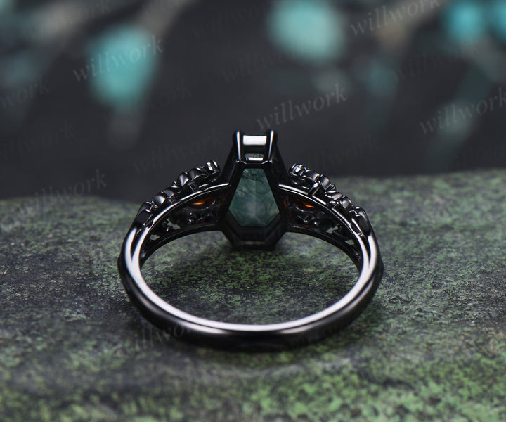 Gothic Coffin Moss Agate Engagement Ring Oak Leaf Garnet Black Gold Ring Gifts for Women