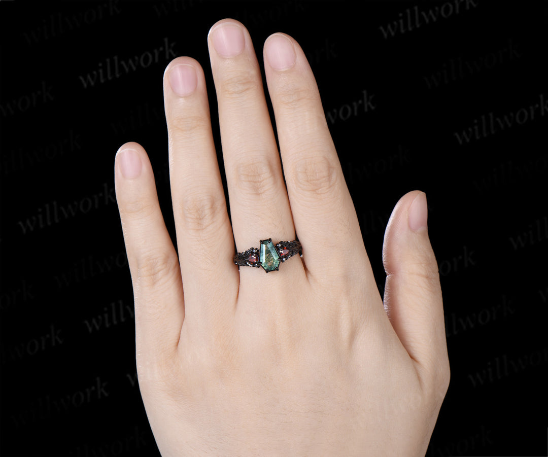 Gothic Coffin Moss Agate Engagement Ring Oak Leaf Garnet Black Gold Ring Gifts for Women