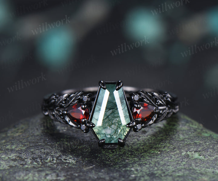 Gothic Coffin Moss Agate Engagement Ring Oak Leaf Garnet Black Gold Ring Gifts for Women