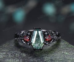 Gothic Coffin Moss Agate Engagement Ring Oak Leaf Garnet Black Gold Ring Gifts for Women