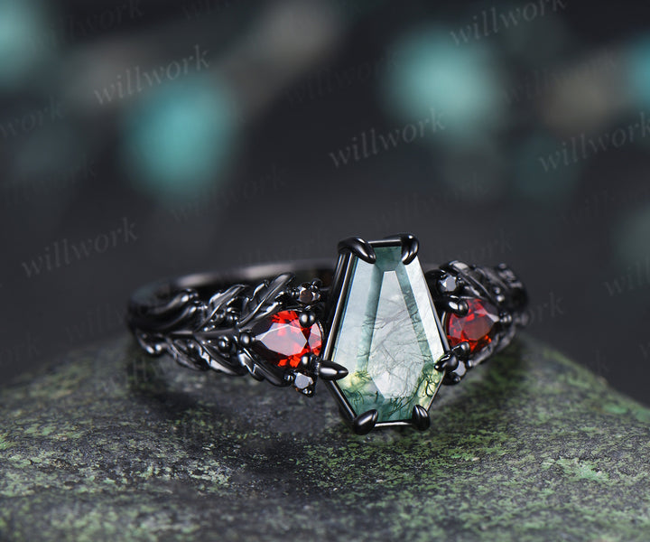 Gothic Coffin Moss Agate Engagement Ring Oak Leaf Garnet Black Gold Ring Gifts for Women