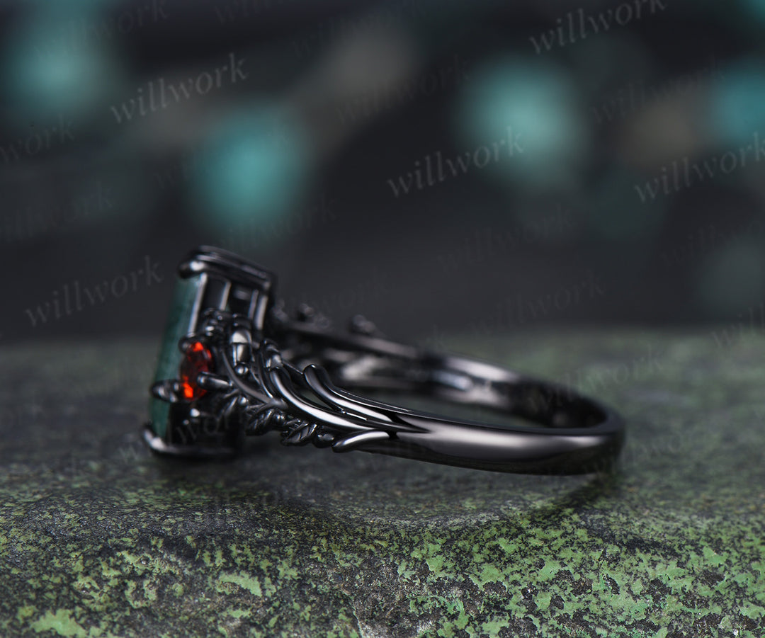 Gothic Coffin Moss Agate Engagement Ring Oak Leaf Garnet Black Gold Ring Gifts for Women