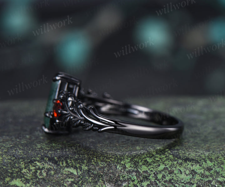 Gothic Coffin Moss Agate Engagement Ring Oak Leaf Garnet Black Gold Ring Gifts for Women