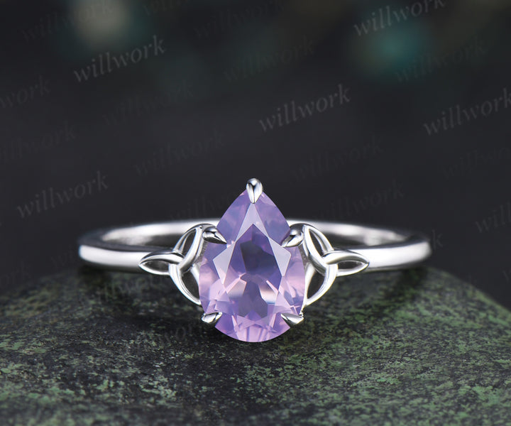 Unique pear lavender amethyst engagement ring set Celtic Knot Norse Viking ring band vintage moissanite wedding ring set