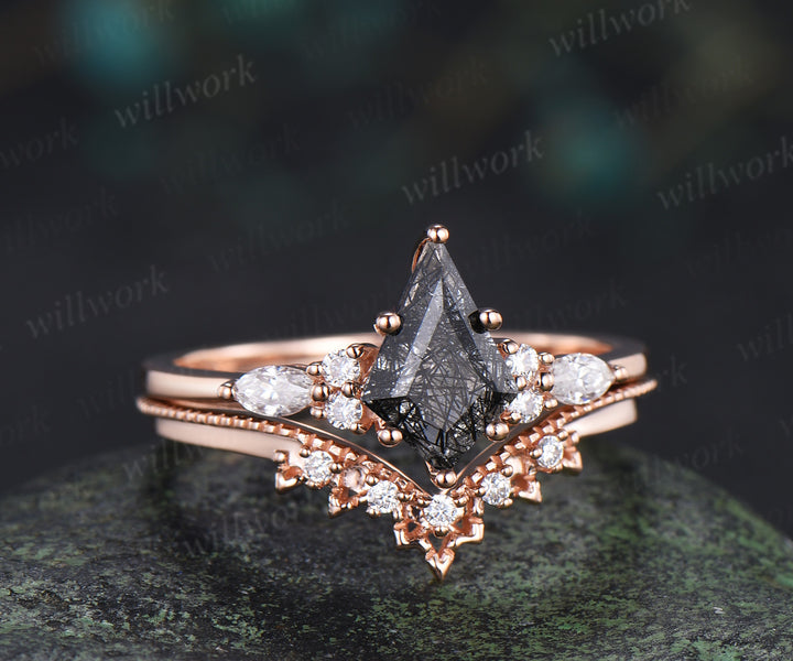 Kite Cut Black Rutilated Quartz Engagement Ring Set & Black Tungsten Hammered Mens Ring His & Her Couple Rings