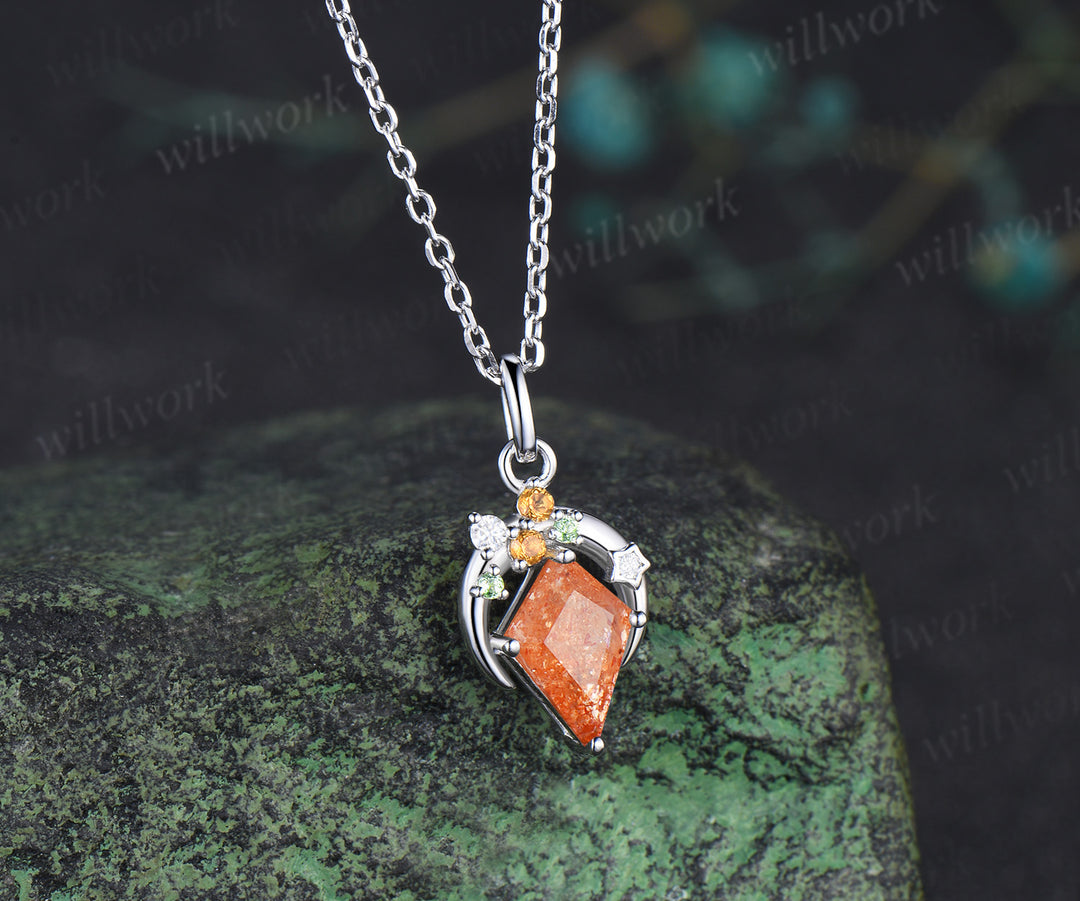 Kite cut sunstone necklace unique moon star citrine peridot accent pendant necklace for women