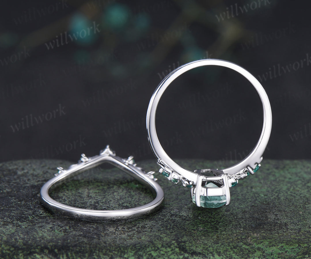 Unique coffin cut natural moss agate engagement ring set leaf inspired emeralds accent ring matching band bridal set