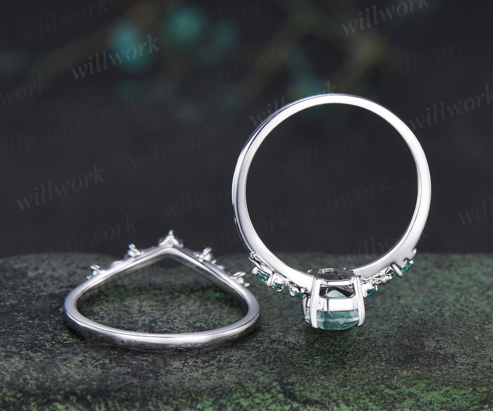 Unique coffin cut natural moss agate engagement ring set leaf inspired emeralds accent ring matching band bridal set
