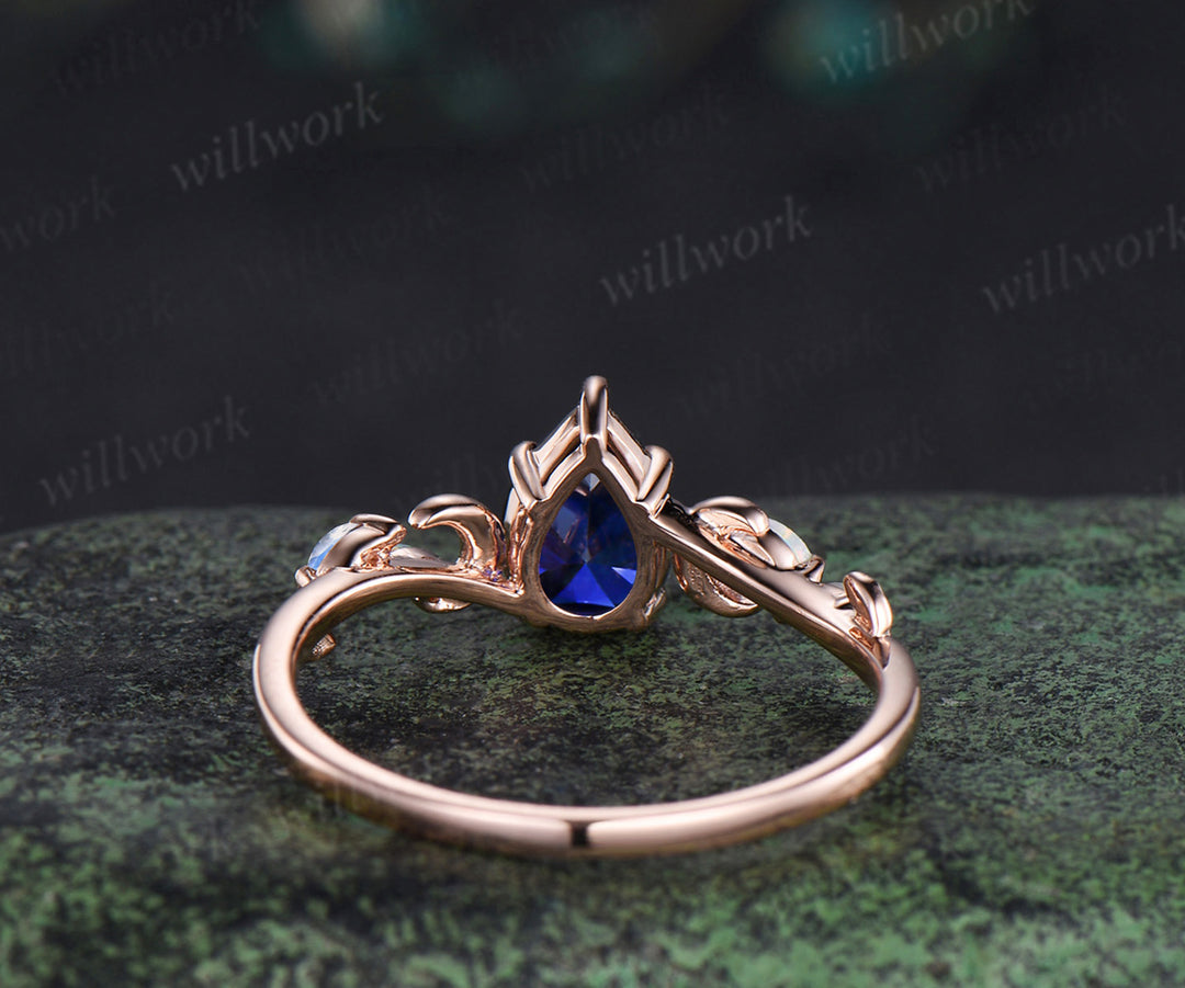 6x9mm pear cut blue sapphire engagement ring unique art deco moon leaf marquise opal moonstone promise ring jewelry gifts for women
